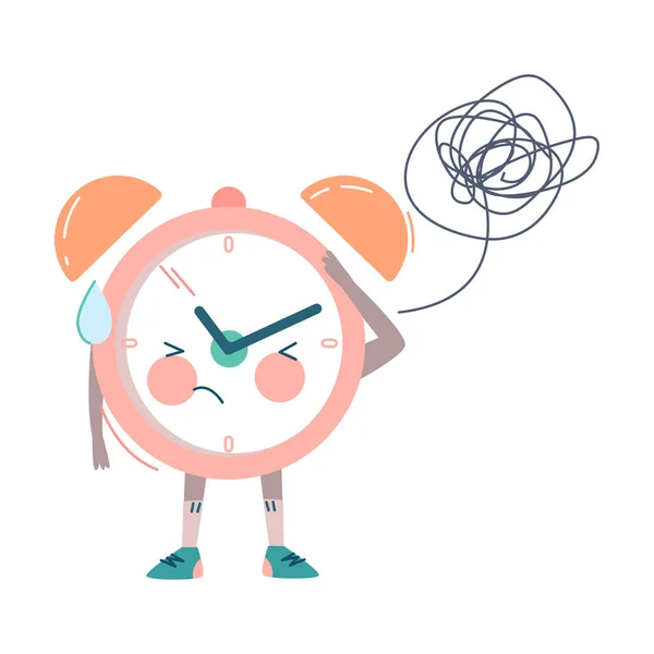 Αστείο μπερδεμένο ρολόι χαρακτήρα ξύσιμο κεφάλι του και τη σκέψη διανυσματική εικονογράφηση — Διανυσματικό Αρχείο
