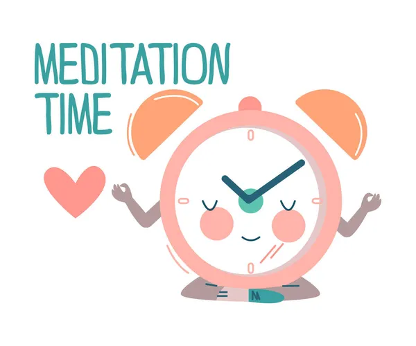 Personaje divertido del reloj con la cara sonriente sentada en Yoga Pose Vector Illustration — Vector de stock