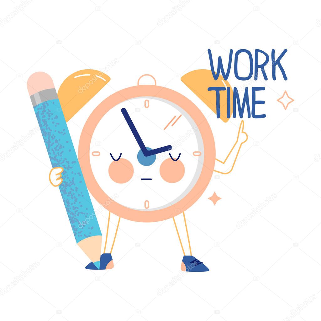 Funny Clock Character with Pencil Pointing at Work Time Vector Illustration