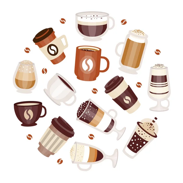 Tipi di caffè versati in tazza e tazza disposti in cerchio modello vettoriale — Vettoriale Stock