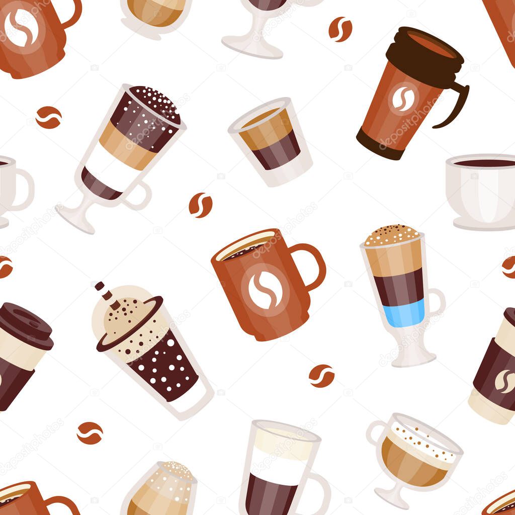 Coffee Types Poured in Mug and Cup Vector Seamless Pattern Template