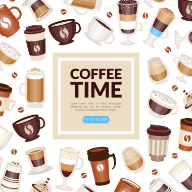 Kahve Türleri Kupa ve Kupa Vektör Kare Kapak Şablonu