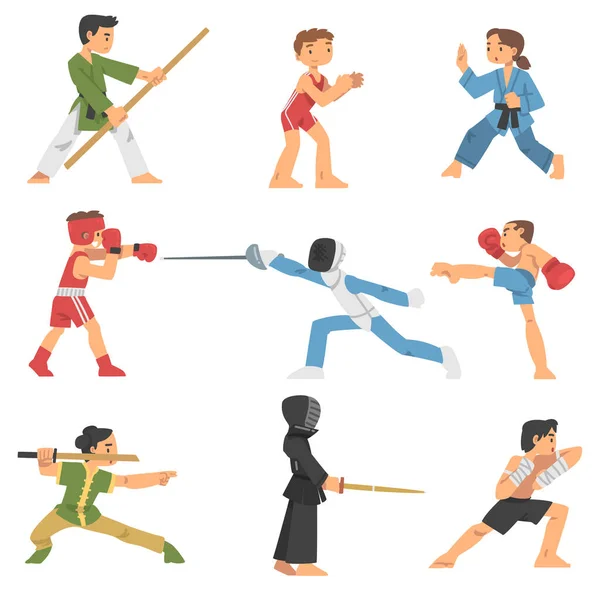 People Character Engaged in Combat Sport or Fighting Sport Competing Vector Illustration Set — Stock Vector