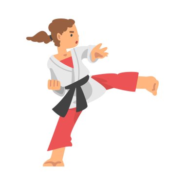 Kimono 'daki Kadın Karakteri Dövüş Karatesi ya da Judo Sporu ya da Dövüş Sporları Vektör İllüstrasyonuna Bağlandı