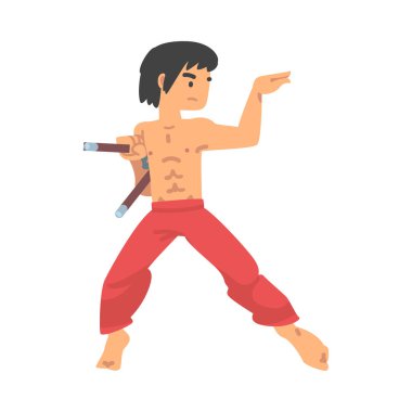Nunchaku ile Erkek Karakteri Dövüş Karate Sporu ya da Dövüş Sporu Vektör İllüstrasyonuna Bağlandı