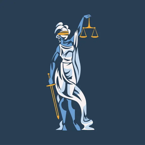 Themis als Oude Griekse Godin en Vrouwe Gerechtigheid met Blinddoek Holding Scales en Zwaard Vector Illustratie — Stockvector