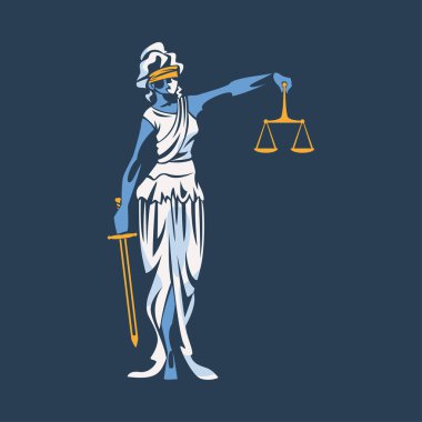 Antik Yunan Tanrıçası ve Kadın Adaleti rolünde olan Themis 'in gözleri bağlı pulları ve Kılıç Vektörü İllüstrasyonu