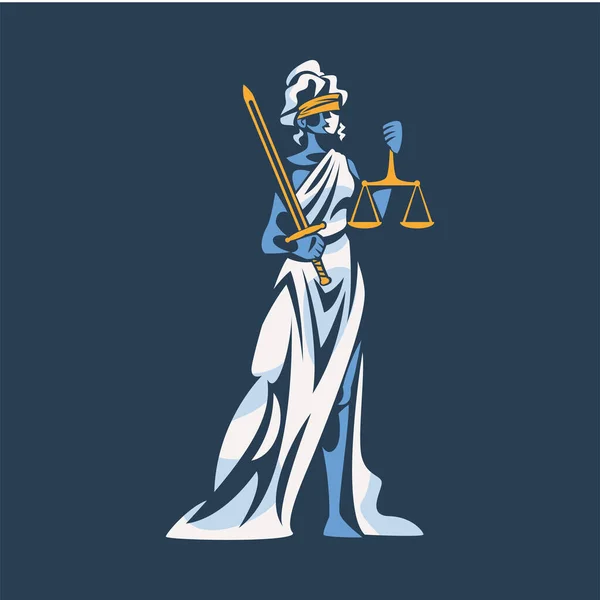 Themis, mint ógörög Istennő és Igazságosság Úrnője, bekötött szemekkel, pikkelyekkel és kardvektoros illusztrációval. — Stock Vector