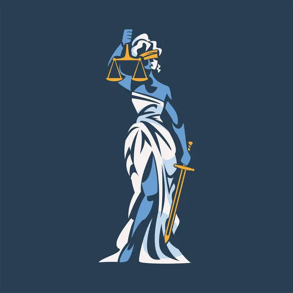 Тема, як давньогрецька богиня і леді правосуддя з сліпими масштабами і ілюстраціями вектора меча — стоковий вектор