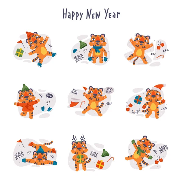 Cubo de tigre listrado pequeno bonito com pele de laranja como conjunto de composição de vetor de símbolo de ano novo feliz — Vetor de Stock