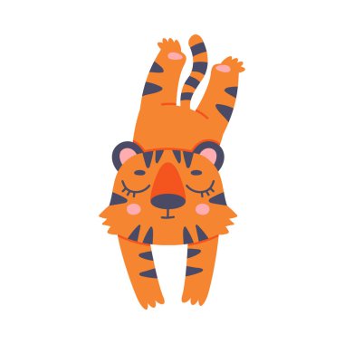 Turuncu Kürklü ve Çizgili Komik Kaplan Yavrusu Yalancı ve Uyuyan Vektör İllüzyonu