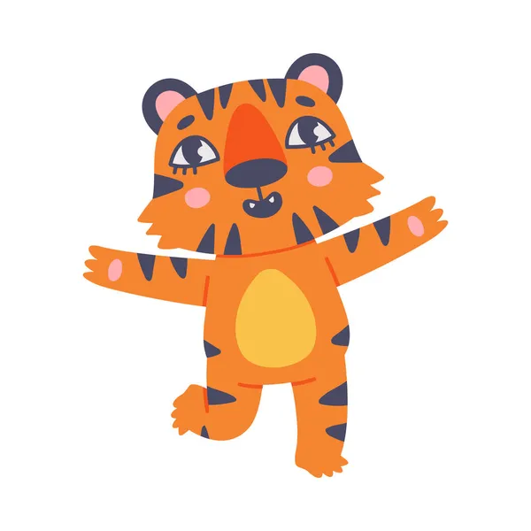 Cute Little Striped Tiger Cub with Orange Fur Running Vector Illustration — Stock Vector