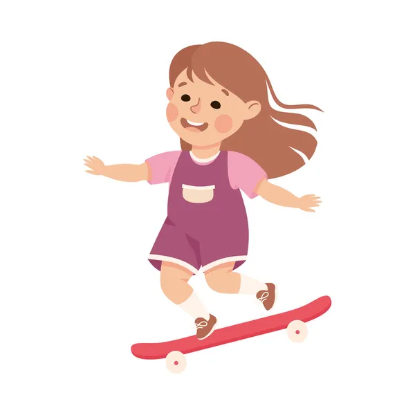Malá dívka na skateboardu v skate parku baví a těší rekreační aktivity vektorové ilustrace — Stockový vektor