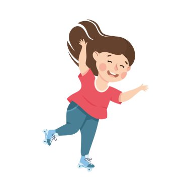 Paten Parkı 'nda Paten Yapan Küçük Kız Eğleniyor ve Eğleniyor Eğlence Etkinliği Vektörü İllüzyonu