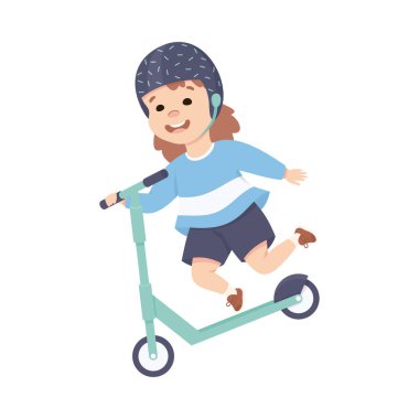 Scooter 'daki küçük kız kaykay parkında eğleniyor ve eğlencesine eğleniyor.