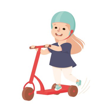 Scooter 'daki küçük kız kaykay parkında eğleniyor ve eğlencesine eğleniyor.