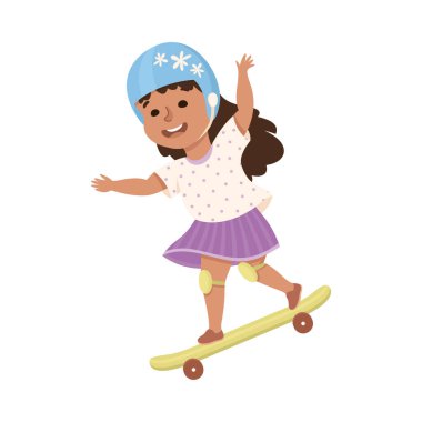 Küçük Kız Kaykay Parkı 'nda Miğfer ve Kneepad' de Eğleniyor ve Eğleniyor Eğlence Etkinliği Vektörü Resimleri Yapıyor