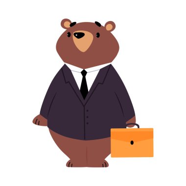 Bear Staff or Office Employee in Tie and Suit Standing with Briefcase Vector Illustration clipart