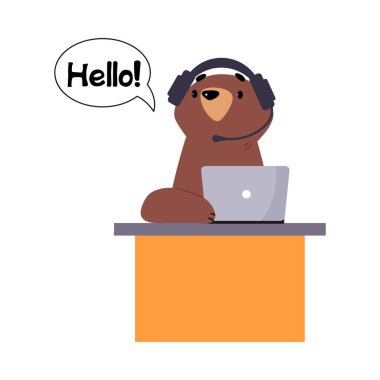 Bear Staff or Office Employee Sitting at Laptop with Headset Speaking with Someone Vector Illustration clipart