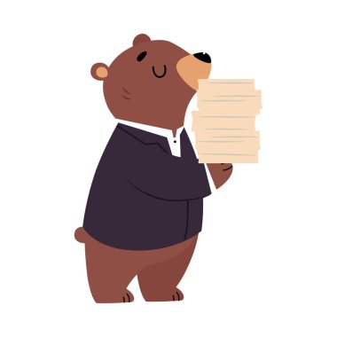 Bear Staff or Office Employee in Suit Carrying Stack of Paper Document Vector Illustration clipart