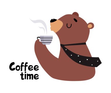 Bear Staff or Office Employee in Tie Drinking Coffee Having Lunch Break Vector Illustration clipart