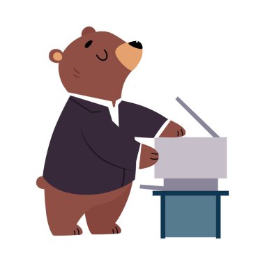 Bear Staff or Office Employee in Suit Printing File or Document Vector Illustration clipart