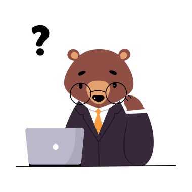Bear Staff or Office Employee in Tie and Suit Sitting at Desk with Laptop Thinking Vector Illustration clipart