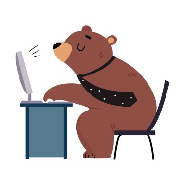 Bear Staff or Office Employee in Tie Sitting and Typing at Computer Vector Illustration clipart