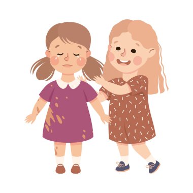 Little Girl Supporting and Comforting Crying Friend with Spoiled Dress Vector Illustration clipart