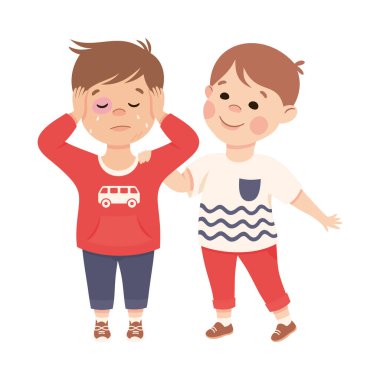 Siyah Gözlü Üzgün Arkadaşı Destekleyen ve Rahatlatan Küçük Çocuk Empati ve Şefkat Vektörü İllüzyonu