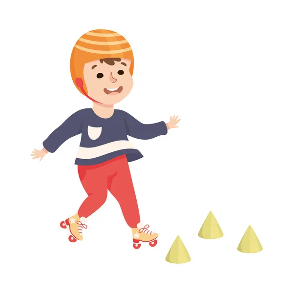 Malý chlapec na kolečkových bruslích v bruslích Park nošení ochranné přilby baví a těší rekreační aktivita vektorové ilustrace — Stockový vektor