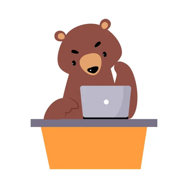 Ведмідь співробітник або офіс співробітник сидить на столі з ноутбуком Векторні ілюстрації — стоковий вектор