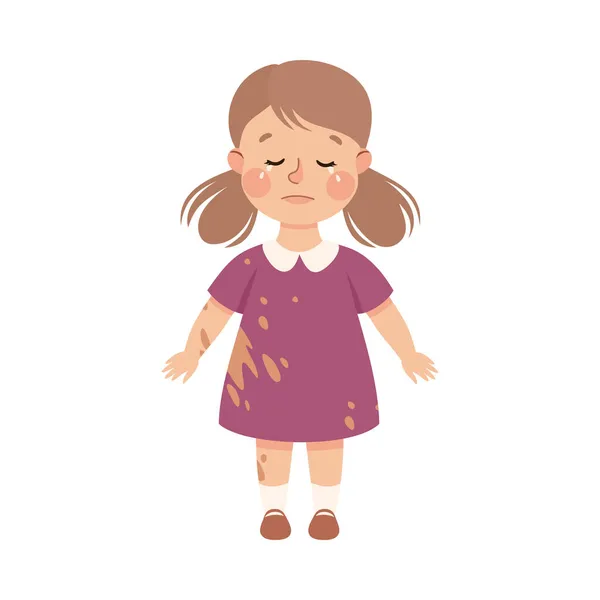 Little Girl in Spoiled Dress Standing and Crying Out Loud Feeling Sad Vector Illustration — Stock Vector