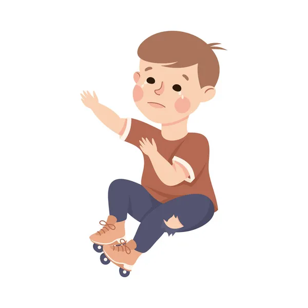 Little Crying Boy Omgevallen met rolschaatsen Vector Illustratie — Stockvector