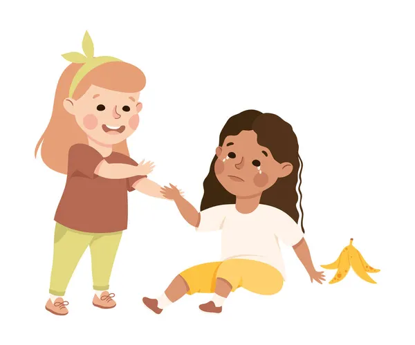 Little Girl Supporting and Comforting Sad Friend Hitting Banana Peel Feeling Empathy and Compassion Vector Illustration — Stock Vector