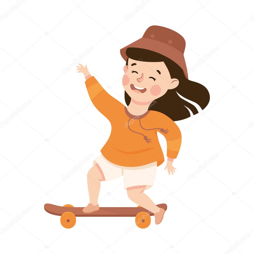 Little Girl on Skateboard in Skate Park Having Fun and Enjoying Recreational Activity Vector Illustration
