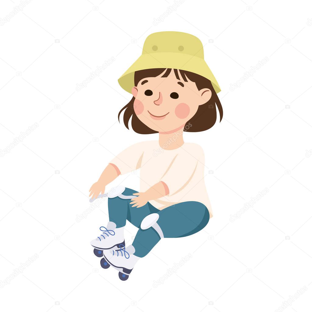 Little Girl on Roller Skates Wearing Kneepads in Skate Park Having Fun and Enjoying Recreational Activity Vector Illustration