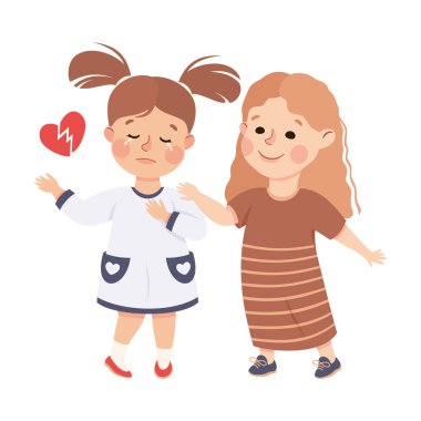 Little Girl Supporting and Comforting Sad Friend with Broken Heart Feeling Empathy and Compassion Vector Illustration clipart