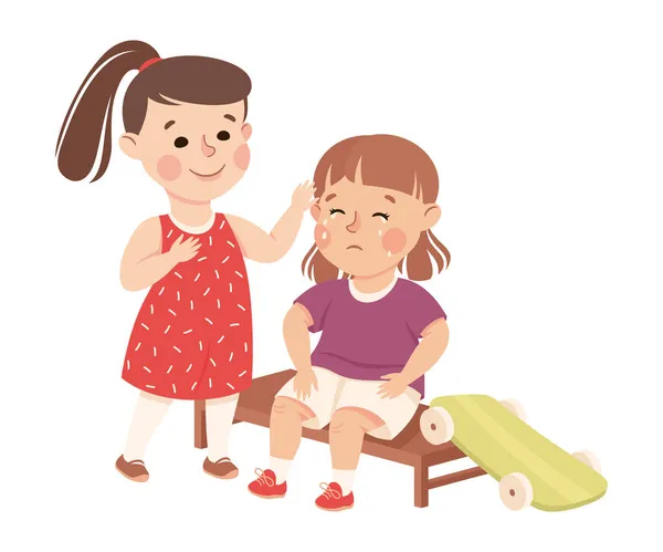 Little Girl Supporting and Comforting Sad Friend Feeling Empathy and Compassion Vector Illustration — Stock Vector