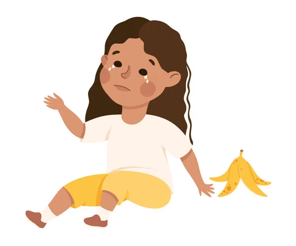 Klein meisje raken banaan schil schreeuwen hardop gevoel ongelukkig vector illustratie — Stockvector