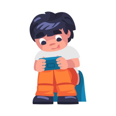 Gadget 'a Bağımlı Çocuk Lazımlığa Oturuyor ve Konsol Vektör İllüstrasyonuyla Video Oyunu Oynuyor