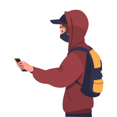 Koronavirüs Önleme Vektörü İllüstrasyonu için Akıllı Telefon ile Temassız Ödeme Yapan Maskeli Adam Karakteri