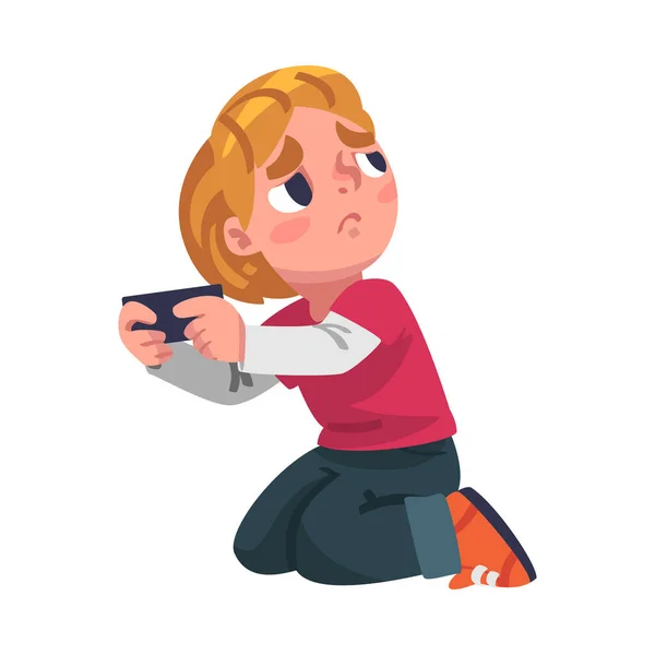 Smutný chlapec závislý na Gadget s prosebným pohledem přehrávání videohry s konzole vektorové ilustrace — Stockový vektor
