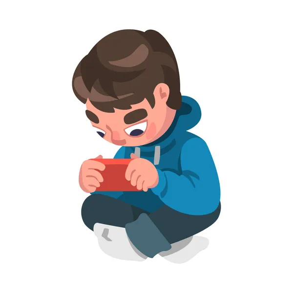 Boy Addicted to Gadget Sitting with Console and Playing Video Game Vector Illustration — Stock Vector