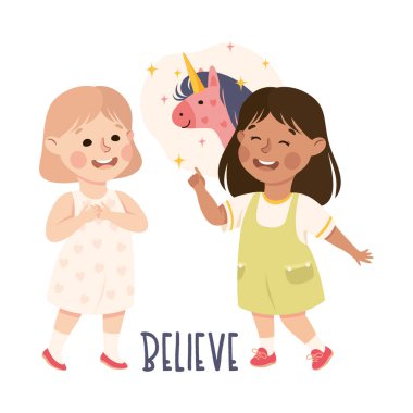 Little Girl Believing in Fairy Unicorn Creature Telling Her Agemate Vector Illustration clipart