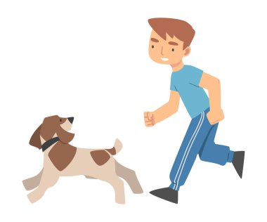 Genç çocuk köpeğini eğitiyor ona komut vektörü illüstrasyonunu öğretiyor