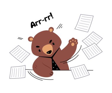 Angry Bear Staff or Office Employee in Tie Throwing Paper Document Vector Illustration clipart