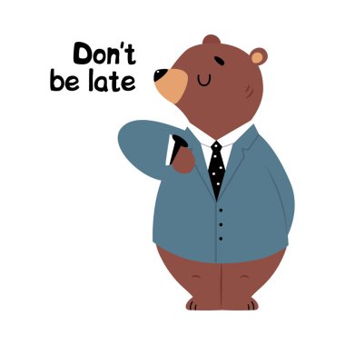 Bear Staff or Office Employee in Tie and Suit Watching Wristwatch Vector Illustration clipart