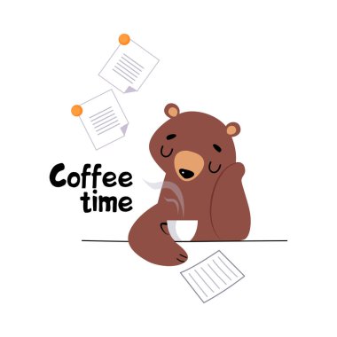 Tired and Sleepy Bear Staff or Office Employee Drinking Coffee at Lunch Time Vector Illustration clipart