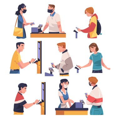 People Character Using Contactless Payment with Smartphone for Coronavirus Prevention Vector Set clipart